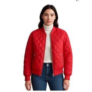 Red Quilted Bomber Jacket Diamond Pattern Zip Front Women's XS